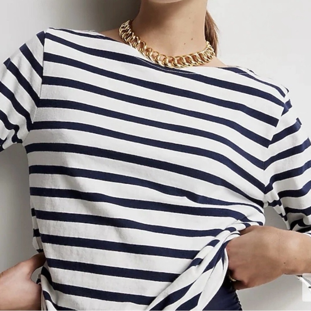 J. Crew Navy White Striped Boatneck Top Size S Classic Preppy Cotton